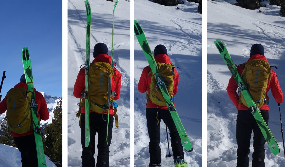 Blue Ice ha diseñado cuatro modos para transportar los esquís, de izquierda a derecha: Modo competición, en 